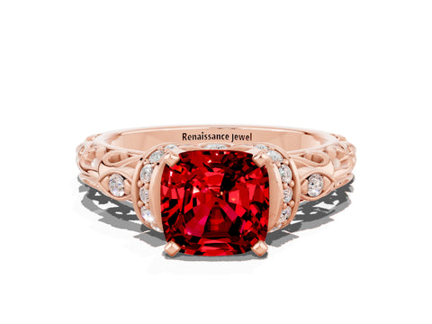 Rose gold Cushion Cut Ruby Solitaire Ring with Filigree Band and Four-Prong Setting_24