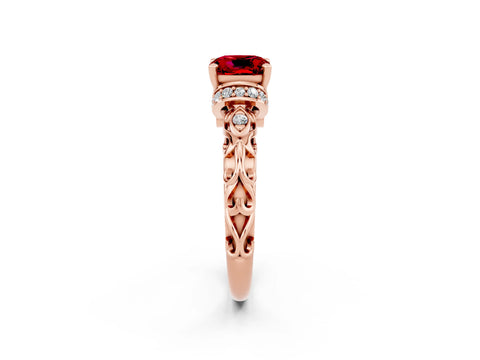 Rose gold Cushion Cut Ruby Solitaire Ring with Filigree Band and Four-Prong Setting_26
