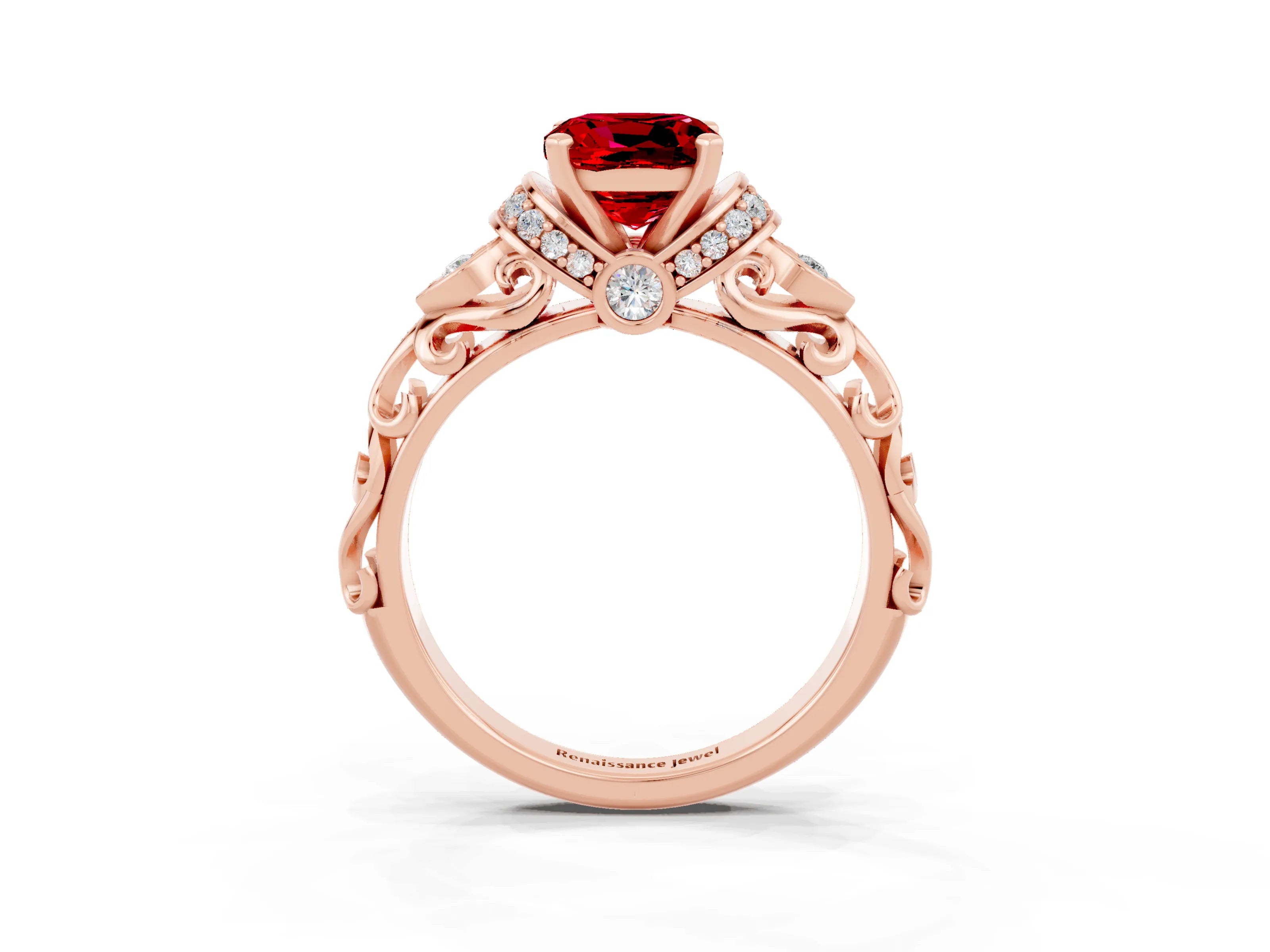 Rose gold Cushion Cut Ruby Solitaire Ring with Filigree Band and Four-Prong Setting_27
