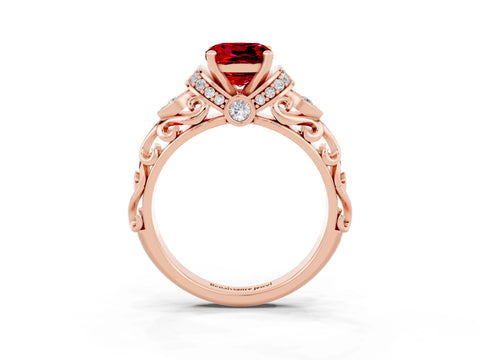 Rose gold Cushion Cut Ruby Solitaire Ring with Filigree Band and Four-Prong Setting_27