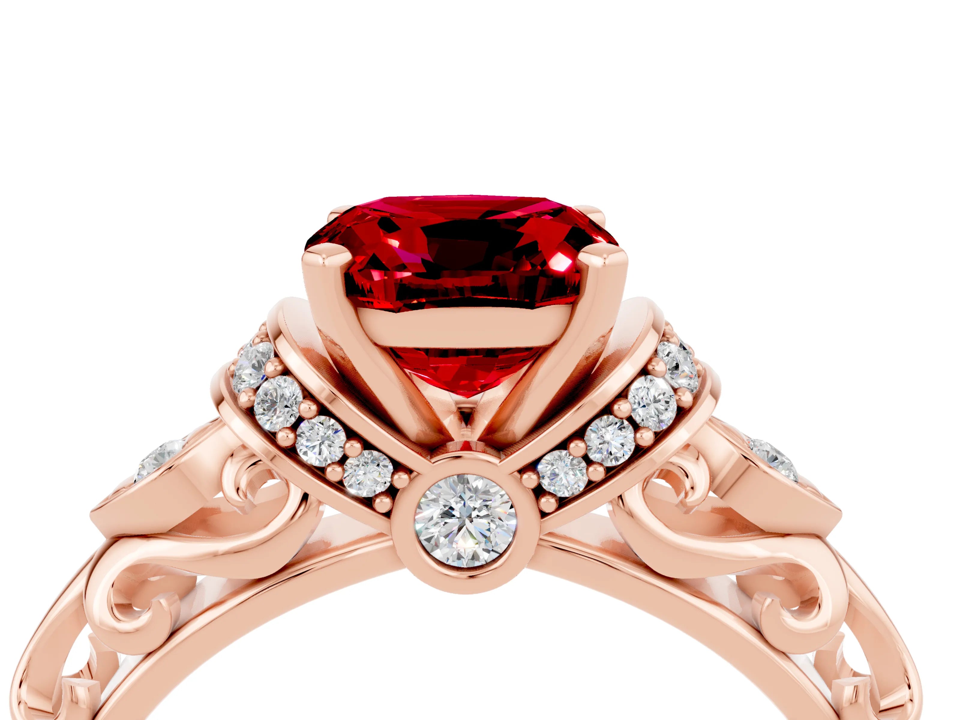 Rose gold Cushion Cut Ruby Solitaire Ring with Filigree Band and Four-Prong Setting_28