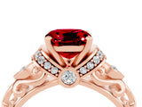Rose gold Cushion Cut Ruby Solitaire Ring with Filigree Band and Four-Prong Setting_28