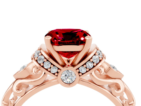 Rose gold Cushion Cut Ruby Solitaire Ring with Filigree Band and Four-Prong Setting_28