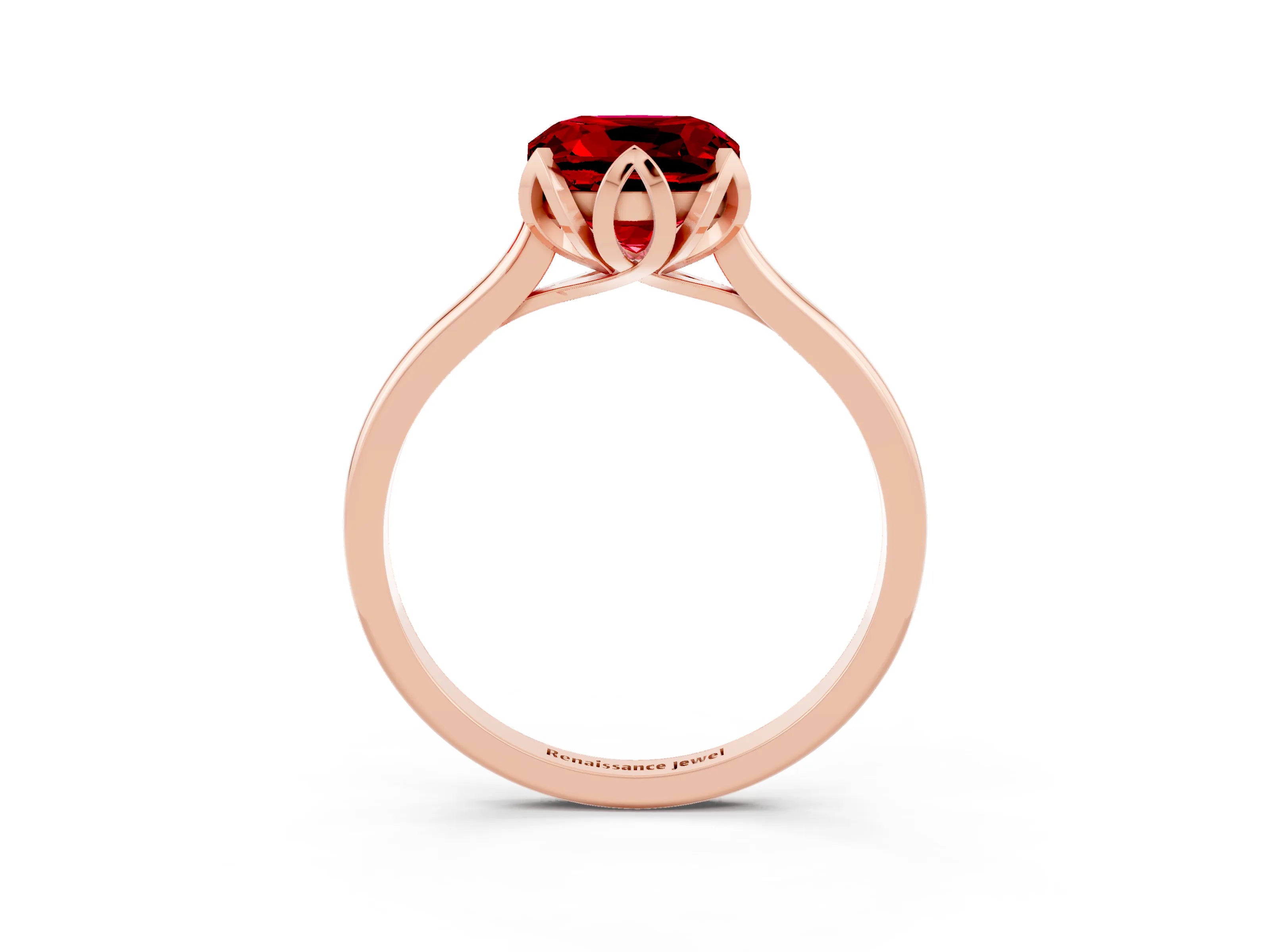 Rose gold Cushion Cut Ruby Solitaire Ring with Flower Prong Setting and Classic Band_15