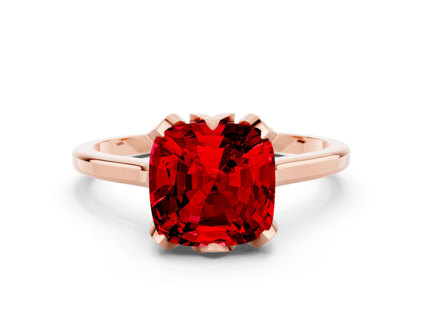 Rose gold Cushion Cut Ruby Solitaire Ring with Flower Prong Setting and Classic Band