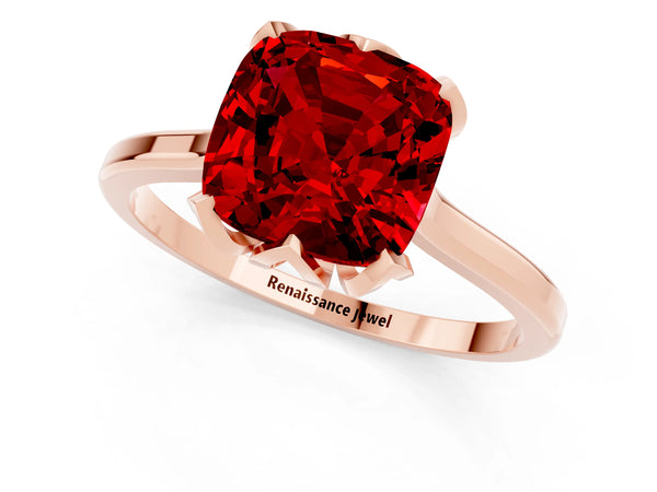 Rose gold Cushion Cut Ruby Solitaire Ring with Flower Prong Setting and Classic Band
