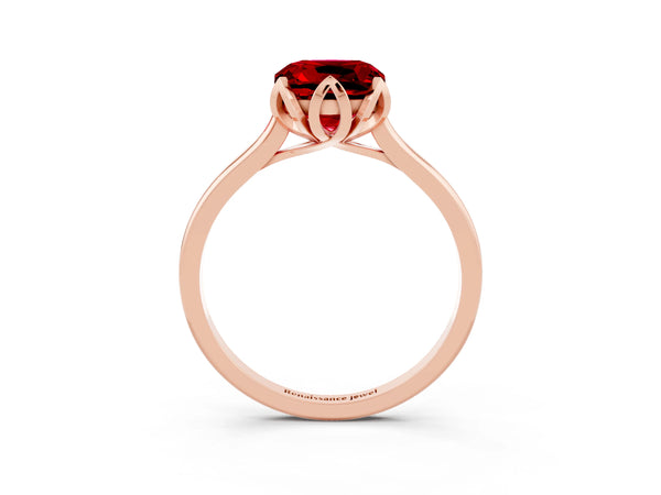 Rose gold Cushion Cut Ruby Solitaire Ring with Flower Prong Setting and Classic Band