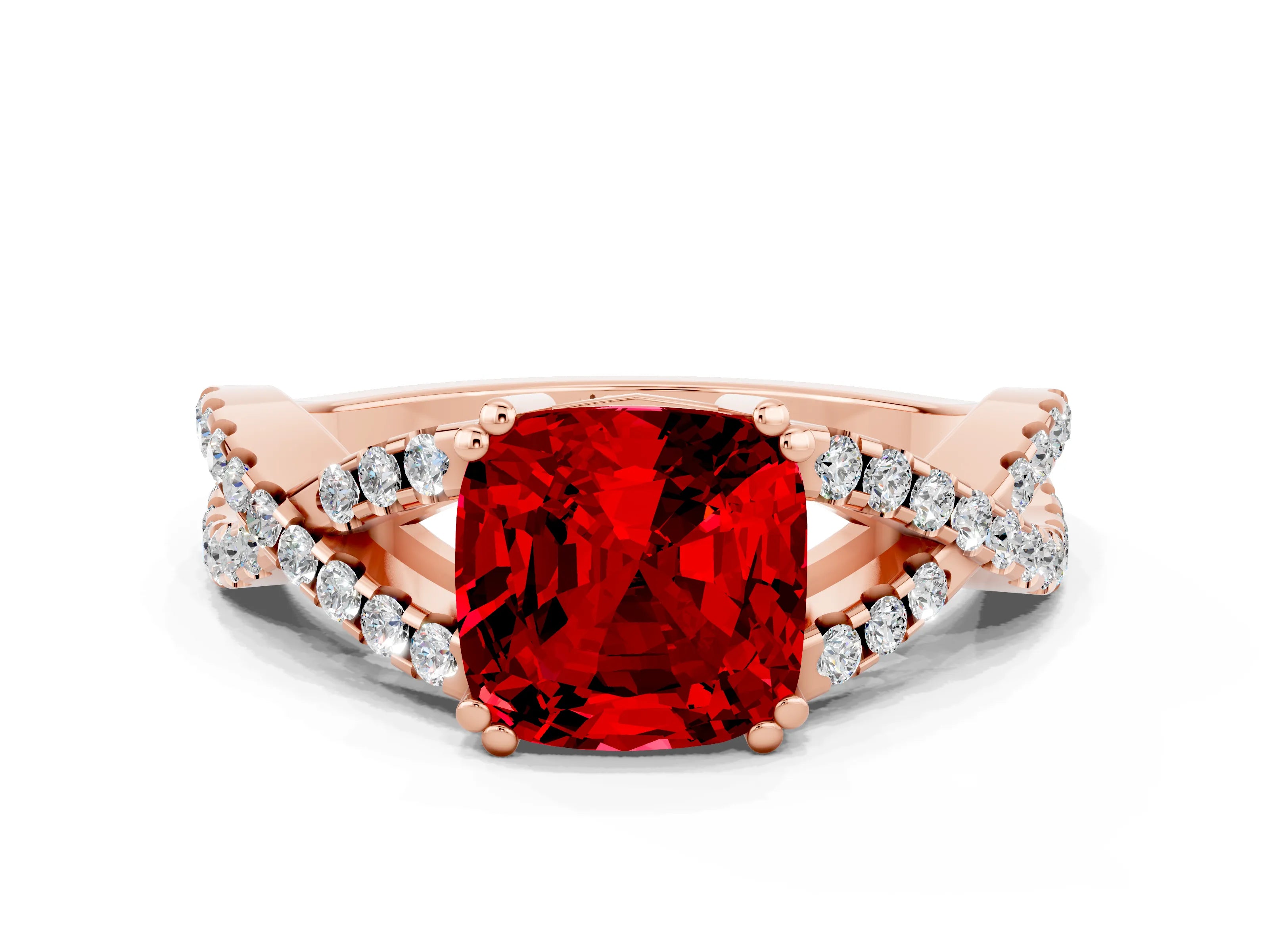 Rose gold Cushion Cut Ruby Solitaire Ring with Four-Prong Setting and Twisted Pavé Band