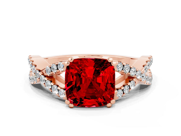 Rose gold Cushion Cut Ruby Solitaire Ring with Four-Prong Setting and Twisted Pavé Band