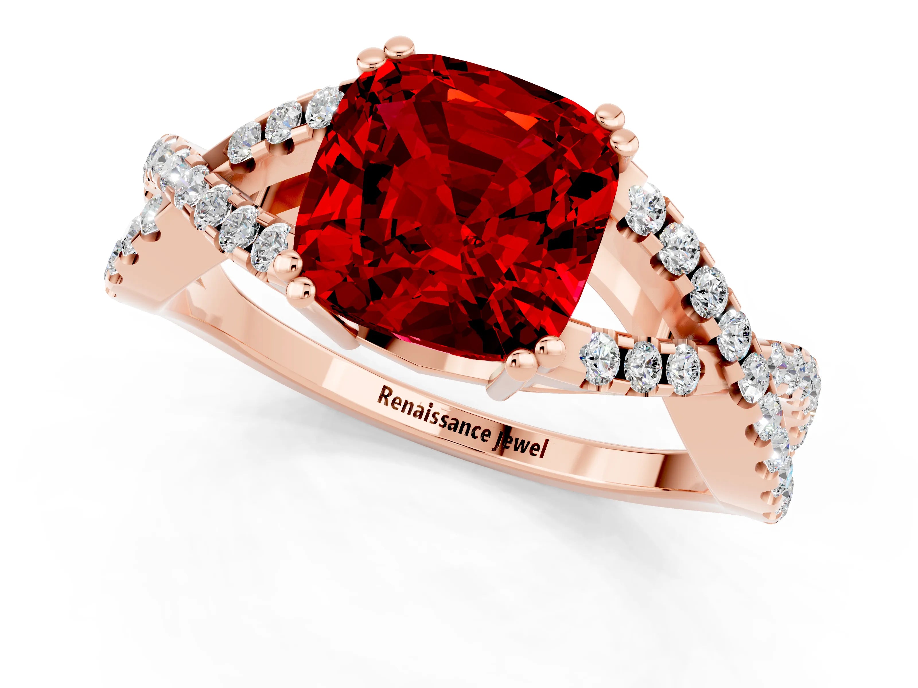 Rose gold Cushion Cut Ruby Solitaire Ring with Four-Prong Setting and Twisted Pavé Band_1