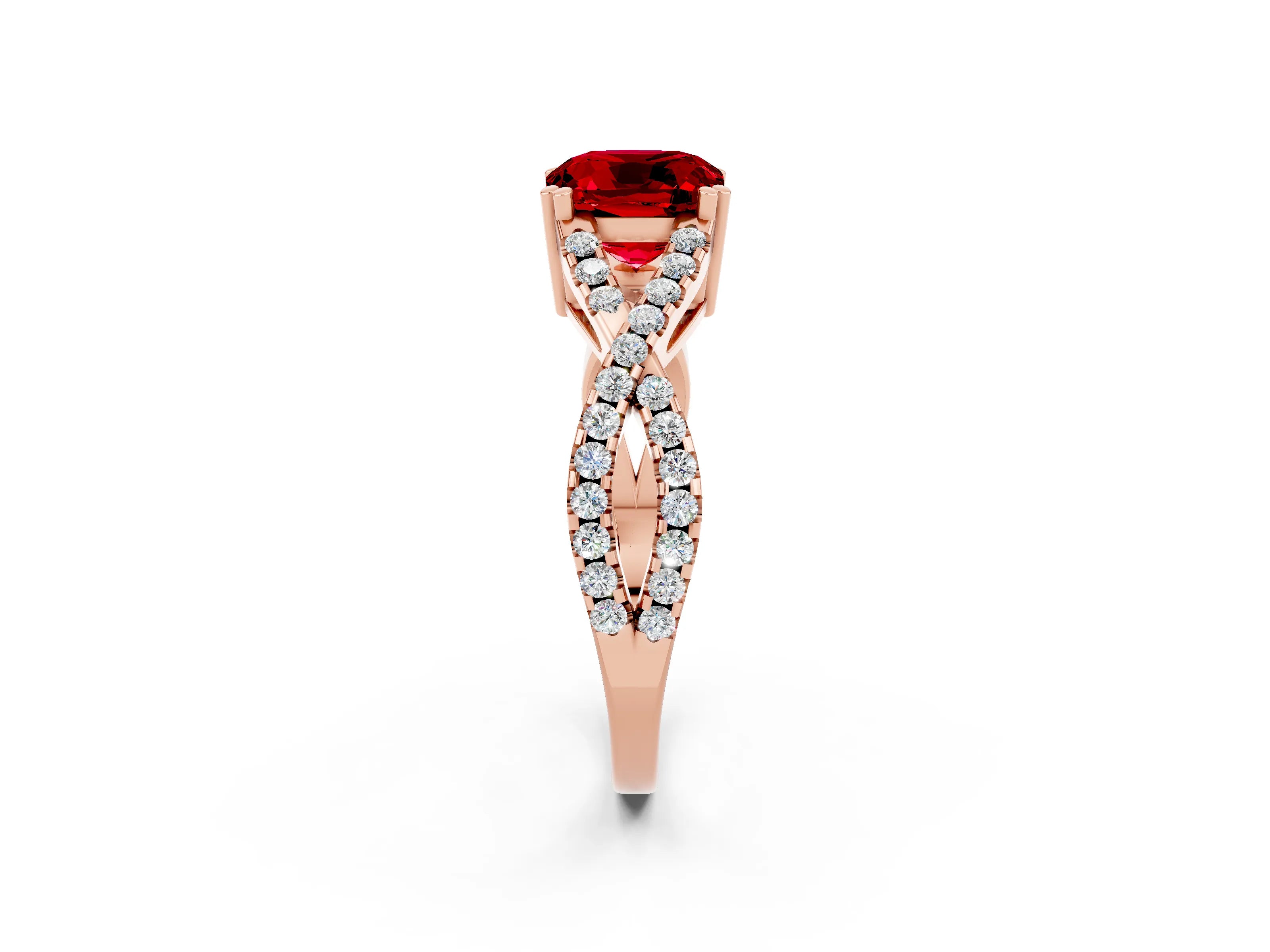 Rose gold Cushion Cut Ruby Solitaire Ring with Four-Prong Setting and Twisted Pavé Band_2