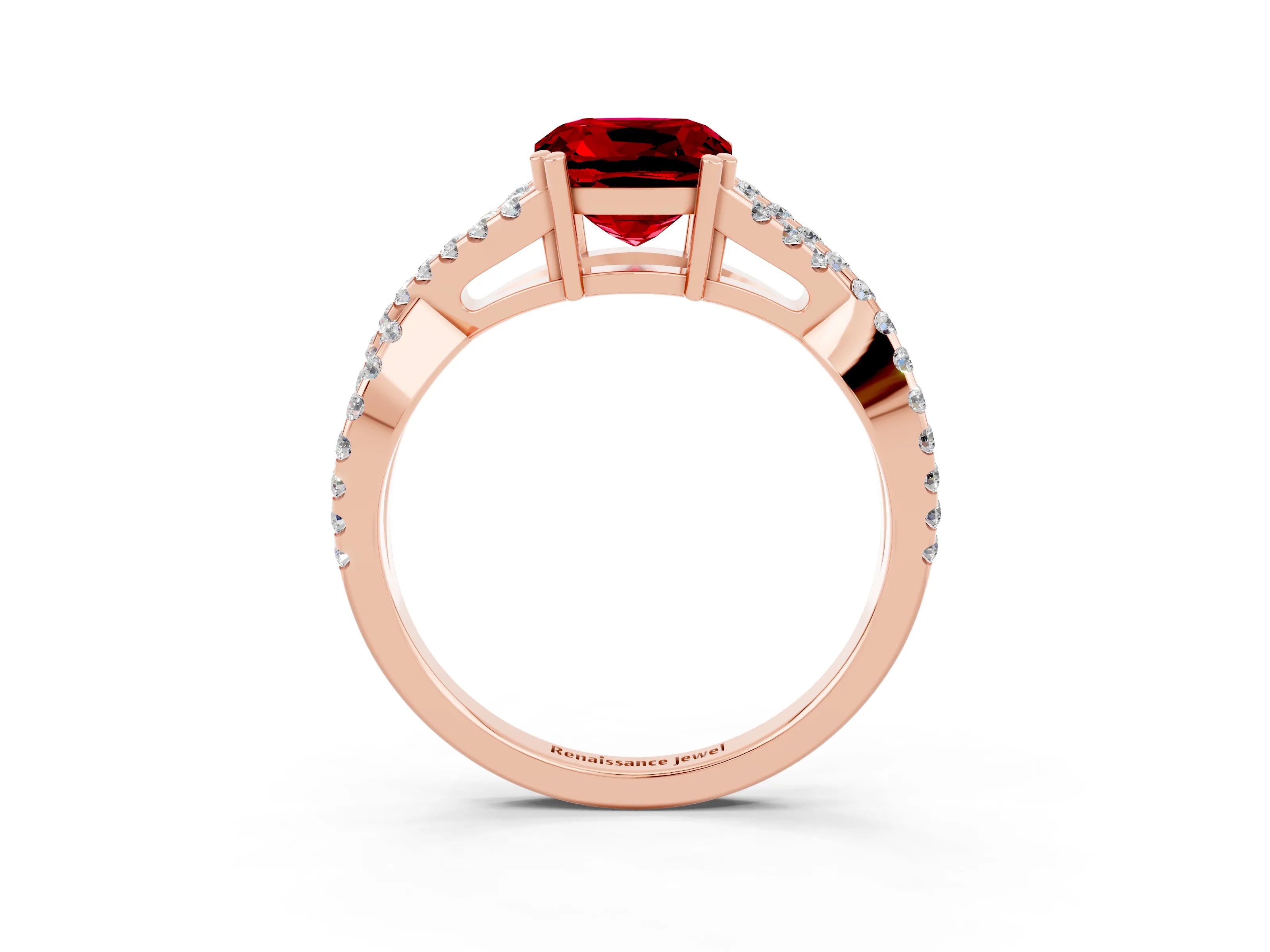 Rose gold Cushion Cut Ruby Solitaire Ring with Four-Prong Setting and Twisted Pavé Band_3