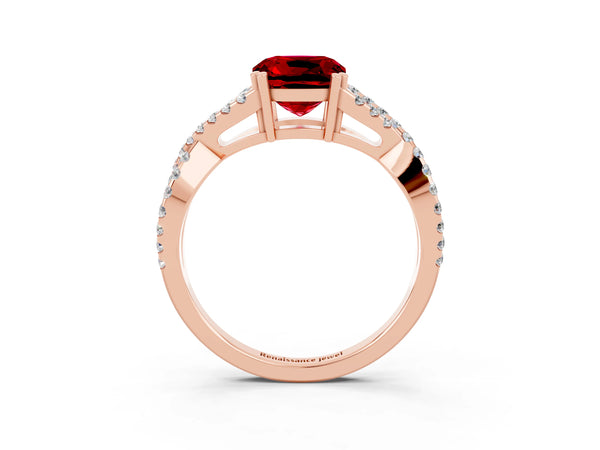 Rose gold Cushion Cut Ruby Solitaire Ring with Four-Prong Setting and Twisted Pavé Band