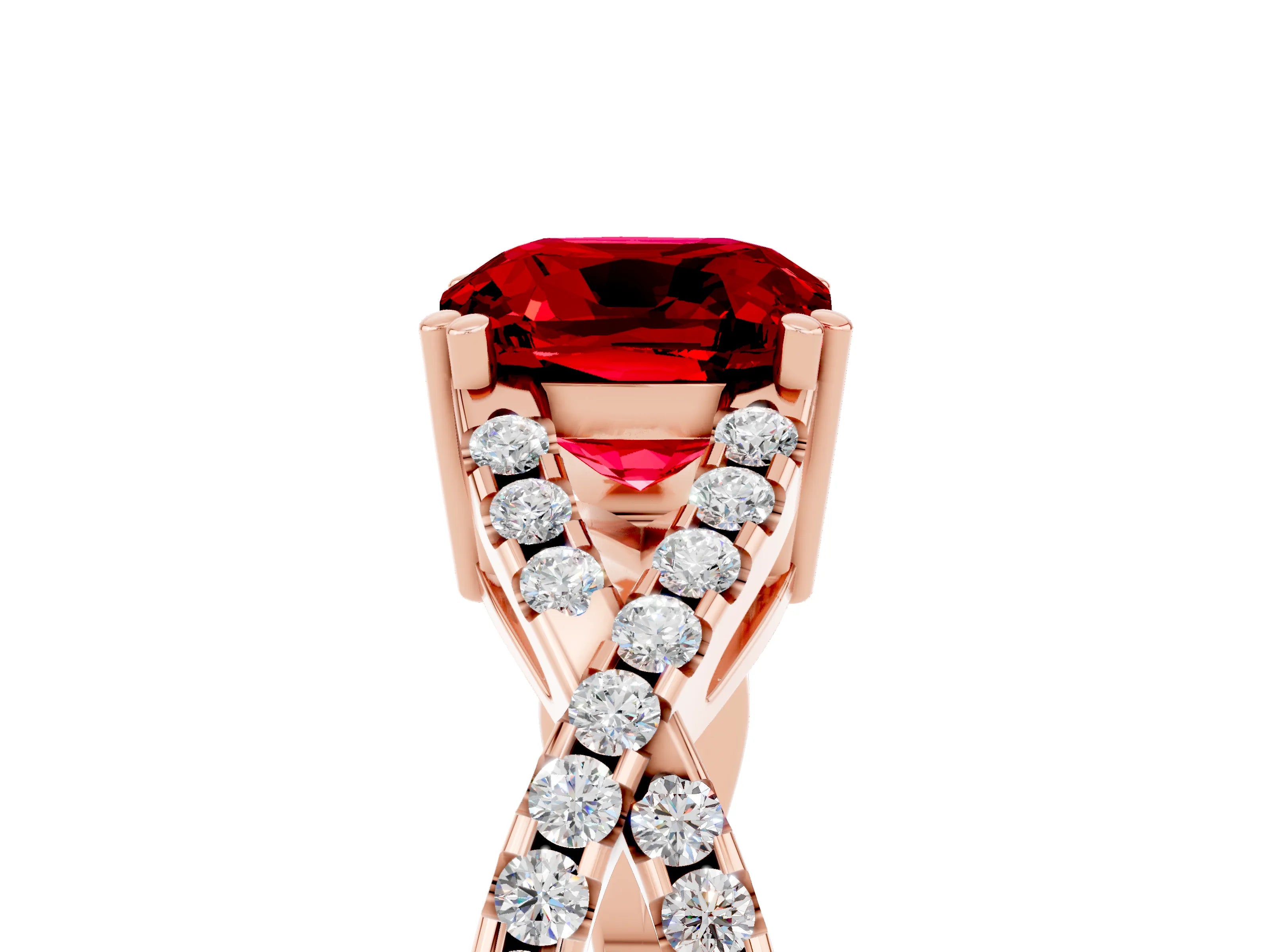 Rose gold Cushion Cut Ruby Solitaire Ring with Four-Prong Setting and Twisted Pavé Band_5