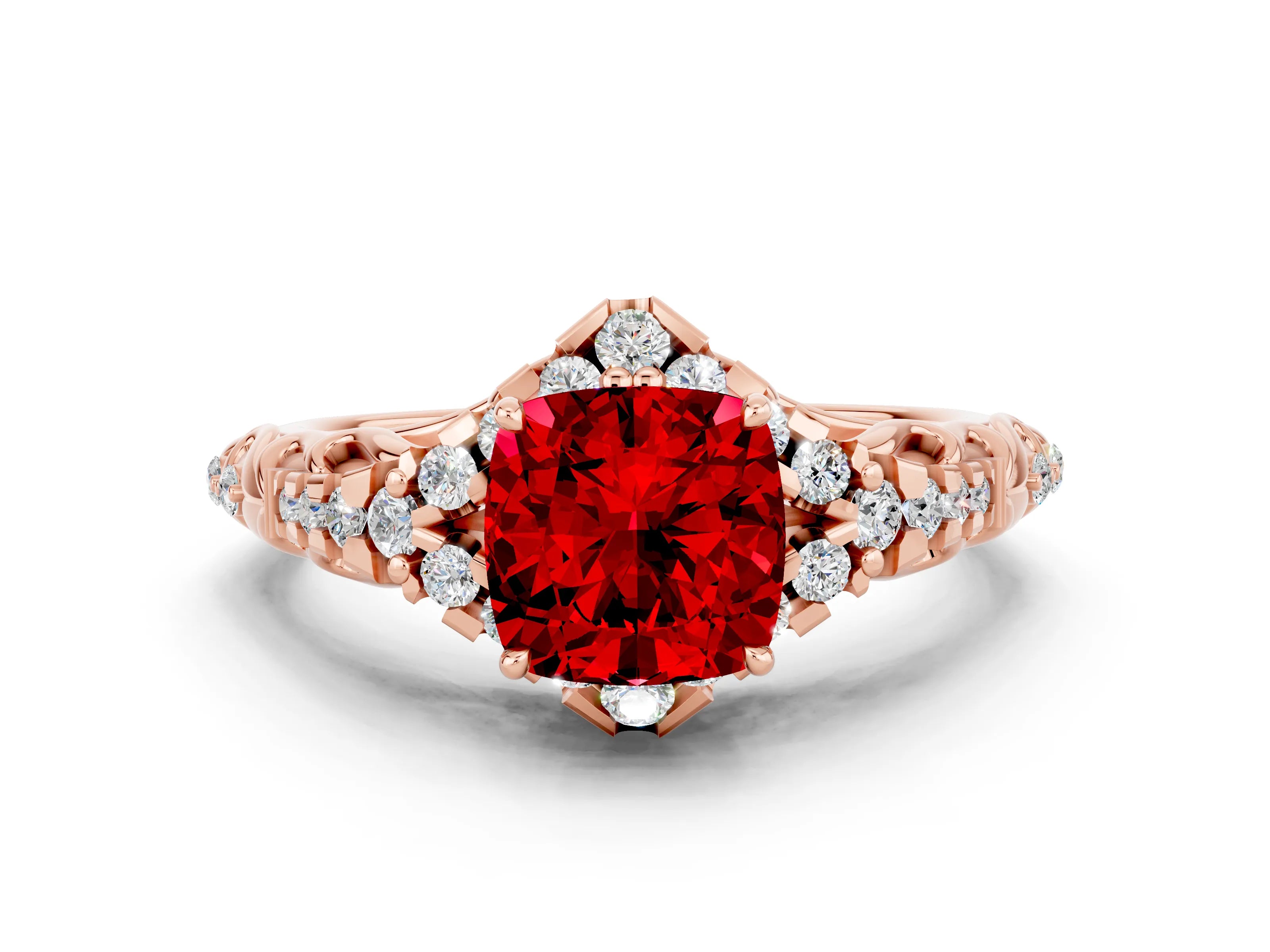 Rose gold Cushion Cut Ruby Solitaire Ring with Hidden Halo and Pavé Band_12