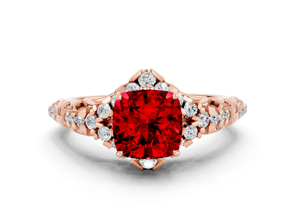 Rose gold Cushion Cut Ruby Solitaire Ring with Hidden Halo and Pavé Band