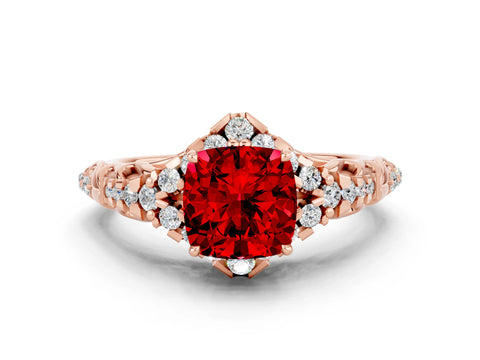 Rose gold Cushion Cut Ruby Solitaire Ring with Hidden Halo and Pavé Band_12