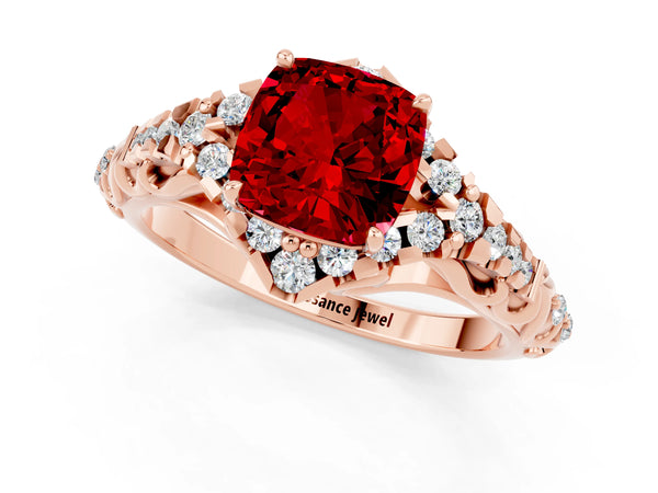 Rose gold Cushion Cut Ruby Solitaire Ring with Hidden Halo and Pavé Band