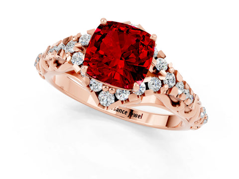 Rose gold Cushion Cut Ruby Solitaire Ring with Hidden Halo and Pavé Band_13