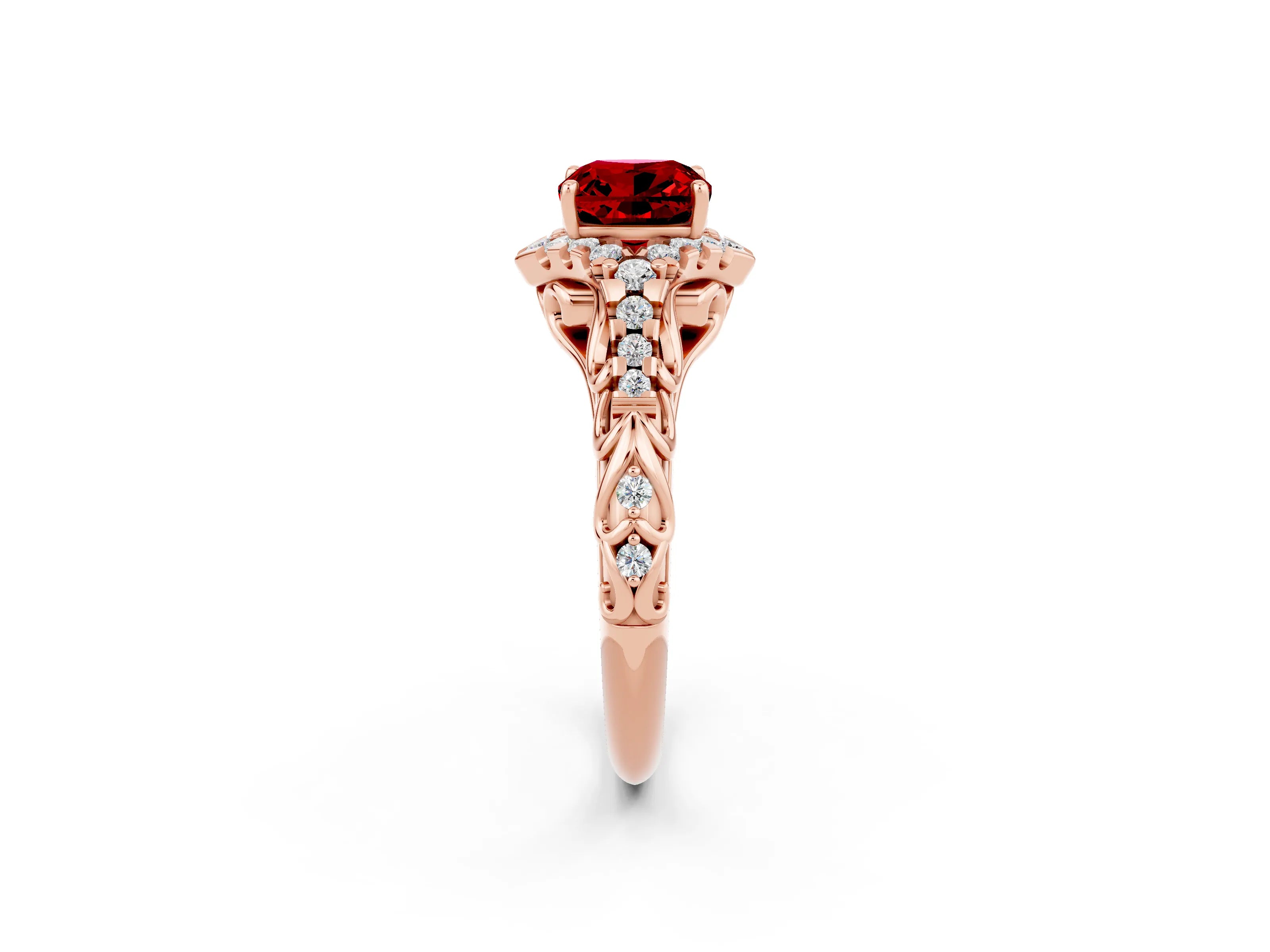 Rose gold Cushion Cut Ruby Solitaire Ring with Hidden Halo and Pavé Band_14