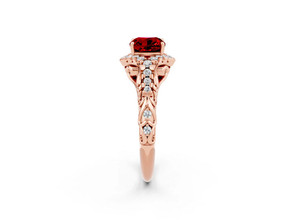 Rose gold Cushion Cut Ruby Solitaire Ring with Hidden Halo and Pavé Band