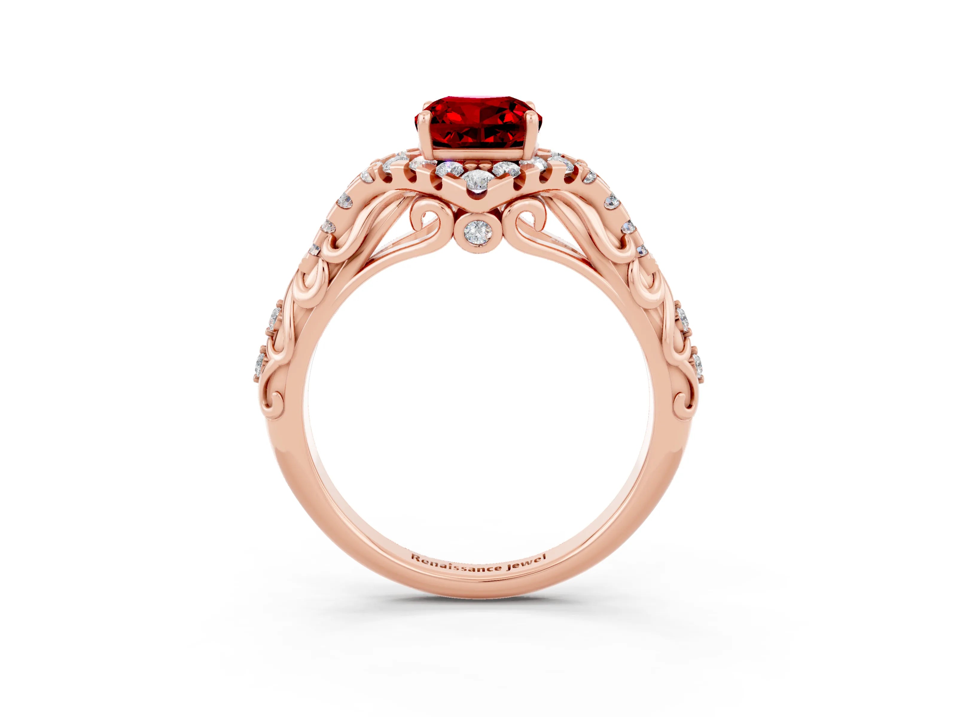 Rose gold Cushion Cut Ruby Solitaire Ring with Hidden Halo and Pavé Band_15