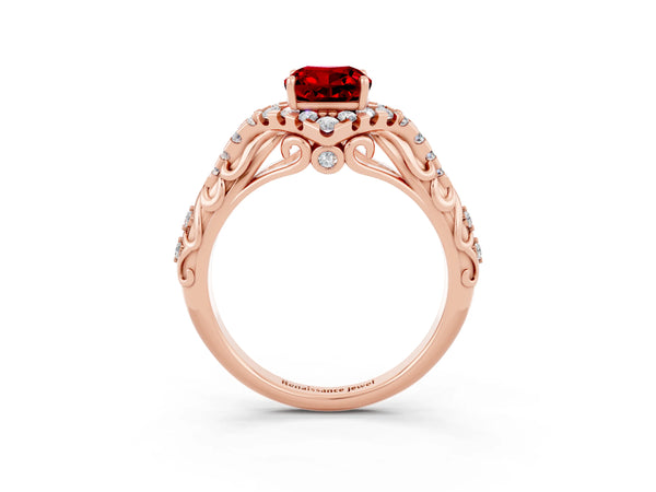 Rose gold Cushion Cut Ruby Solitaire Ring with Hidden Halo and Pavé Band
