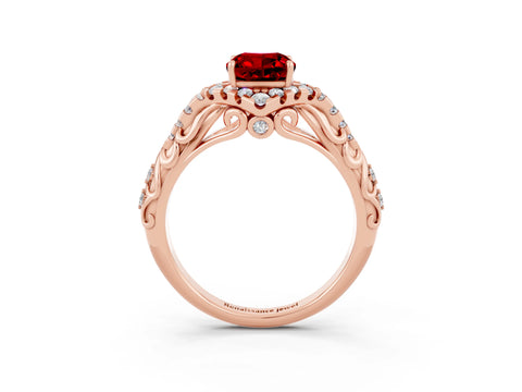 Rose gold Cushion Cut Ruby Solitaire Ring with Hidden Halo and Pavé Band_15