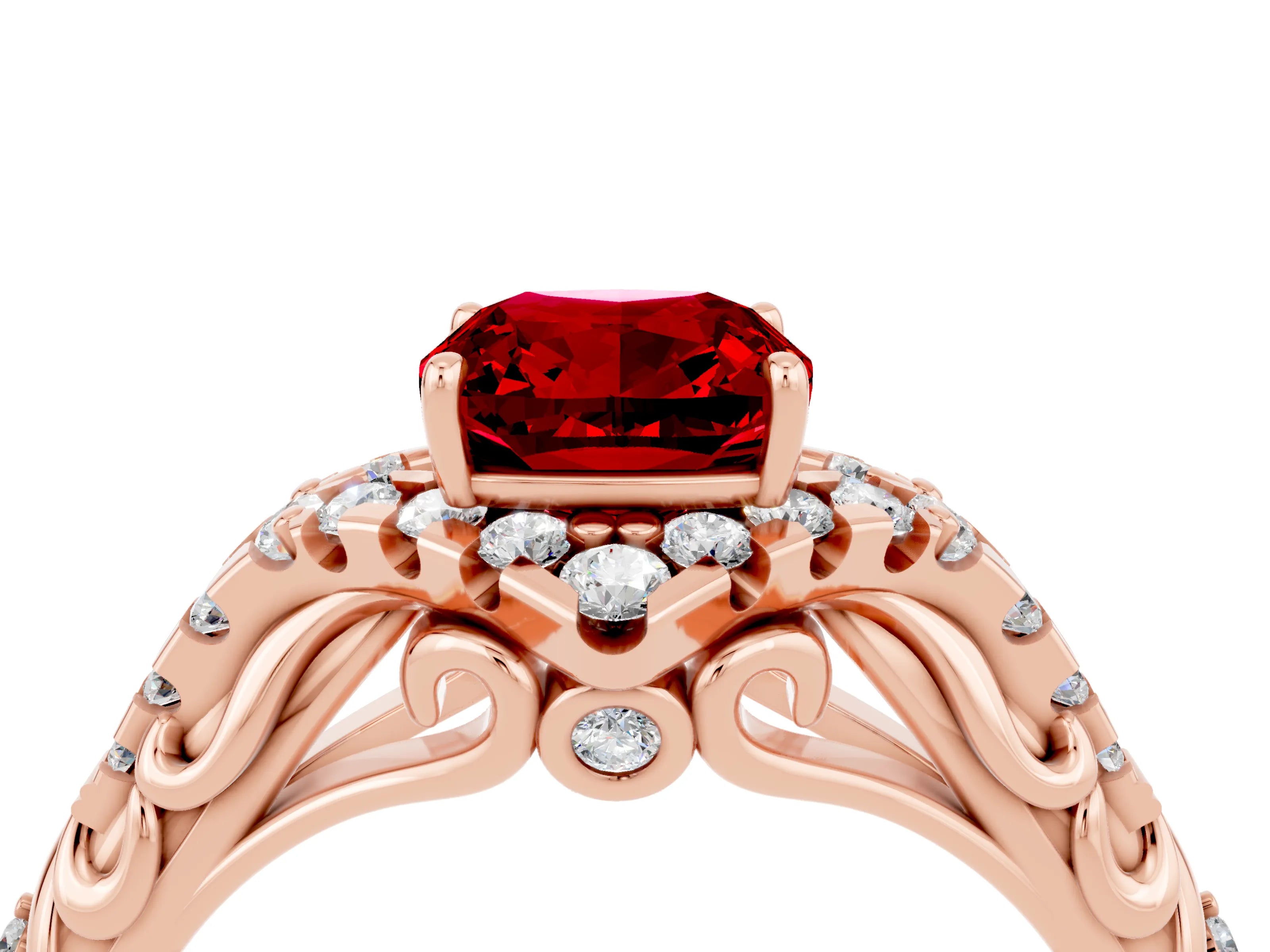 Rose gold Cushion Cut Ruby Solitaire Ring with Hidden Halo and Pavé Band_16
