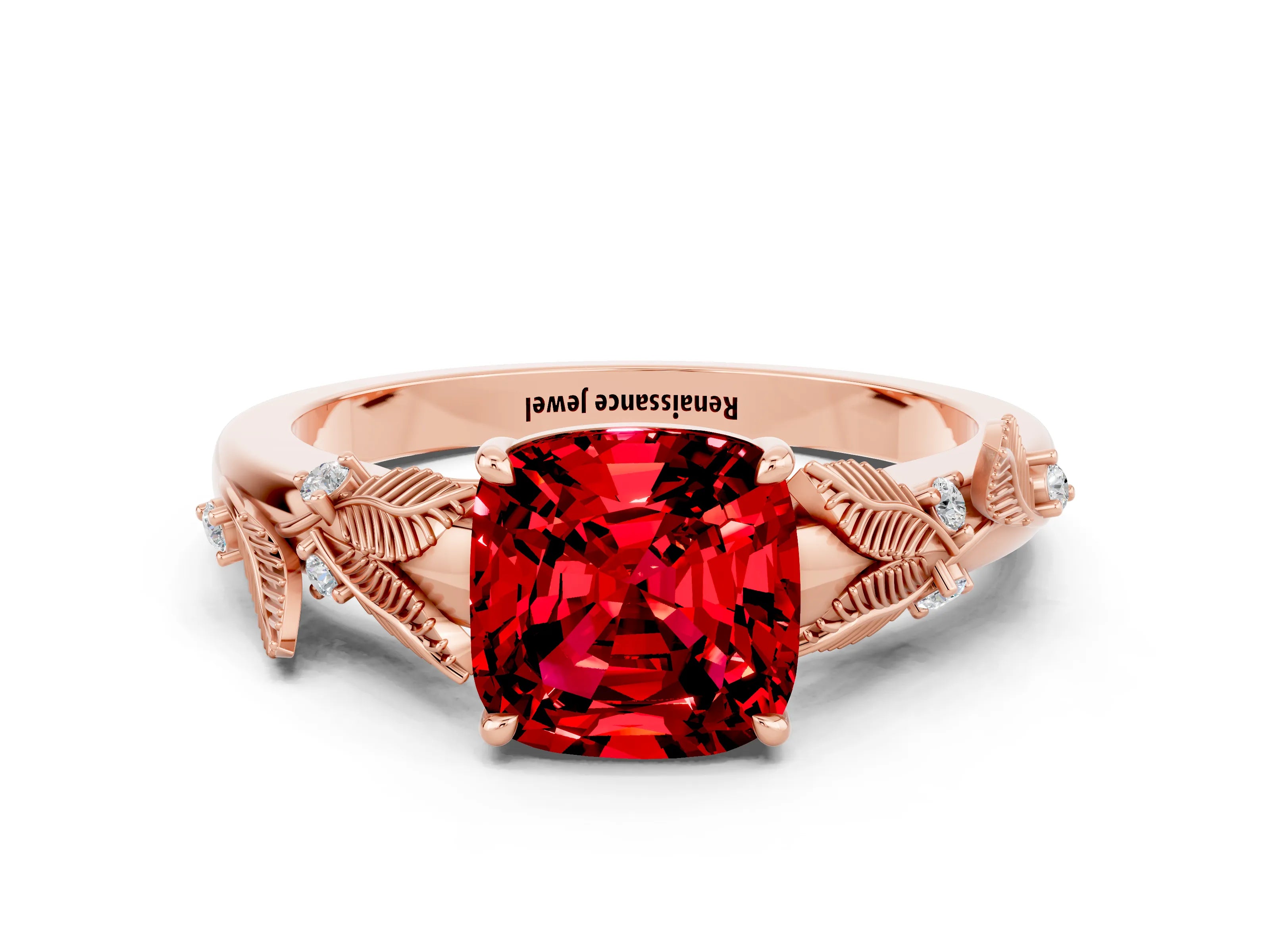 Rose gold Cushion Cut Ruby Solitaire Ring with Leaf Motif Band and Four-Prong Setting