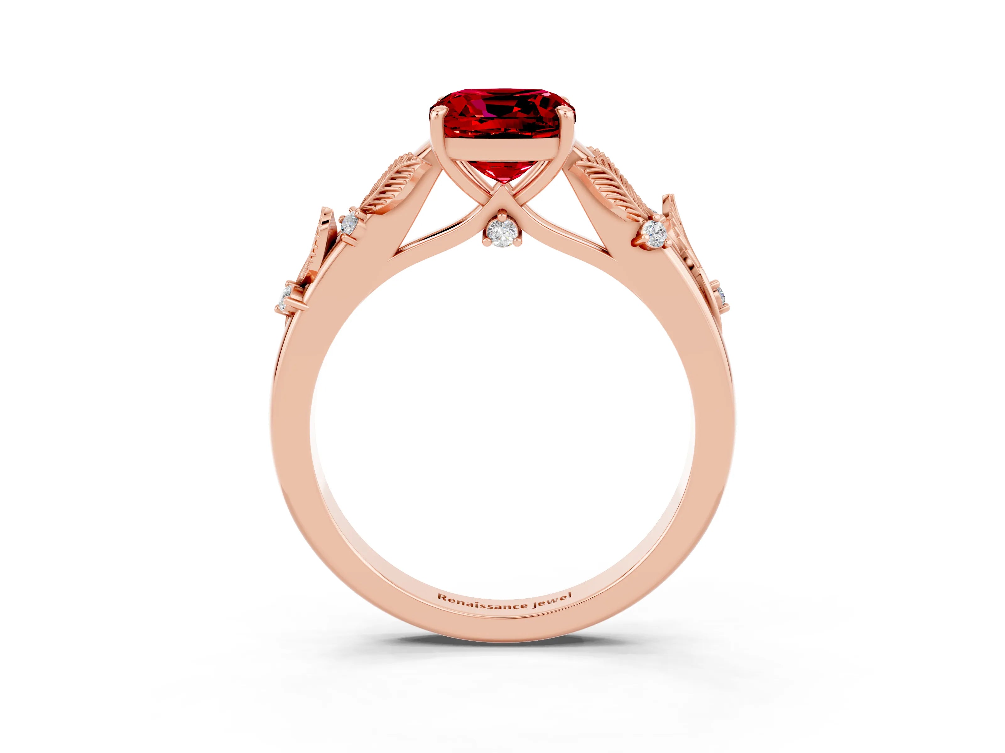 Rose gold Cushion Cut Ruby Solitaire Ring with Leaf Motif Band and Four-Prong Setting_3