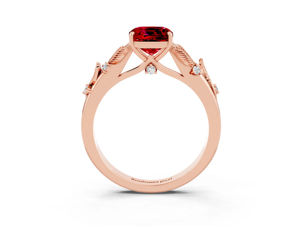 Rose gold Cushion Cut Ruby Solitaire Ring with Leaf Motif Band and Four-Prong Setting