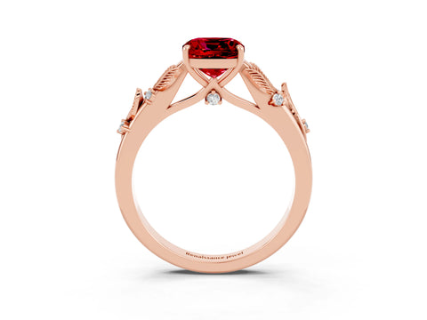 Rose gold Cushion Cut Ruby Solitaire Ring with Leaf Motif Band and Four-Prong Setting_3