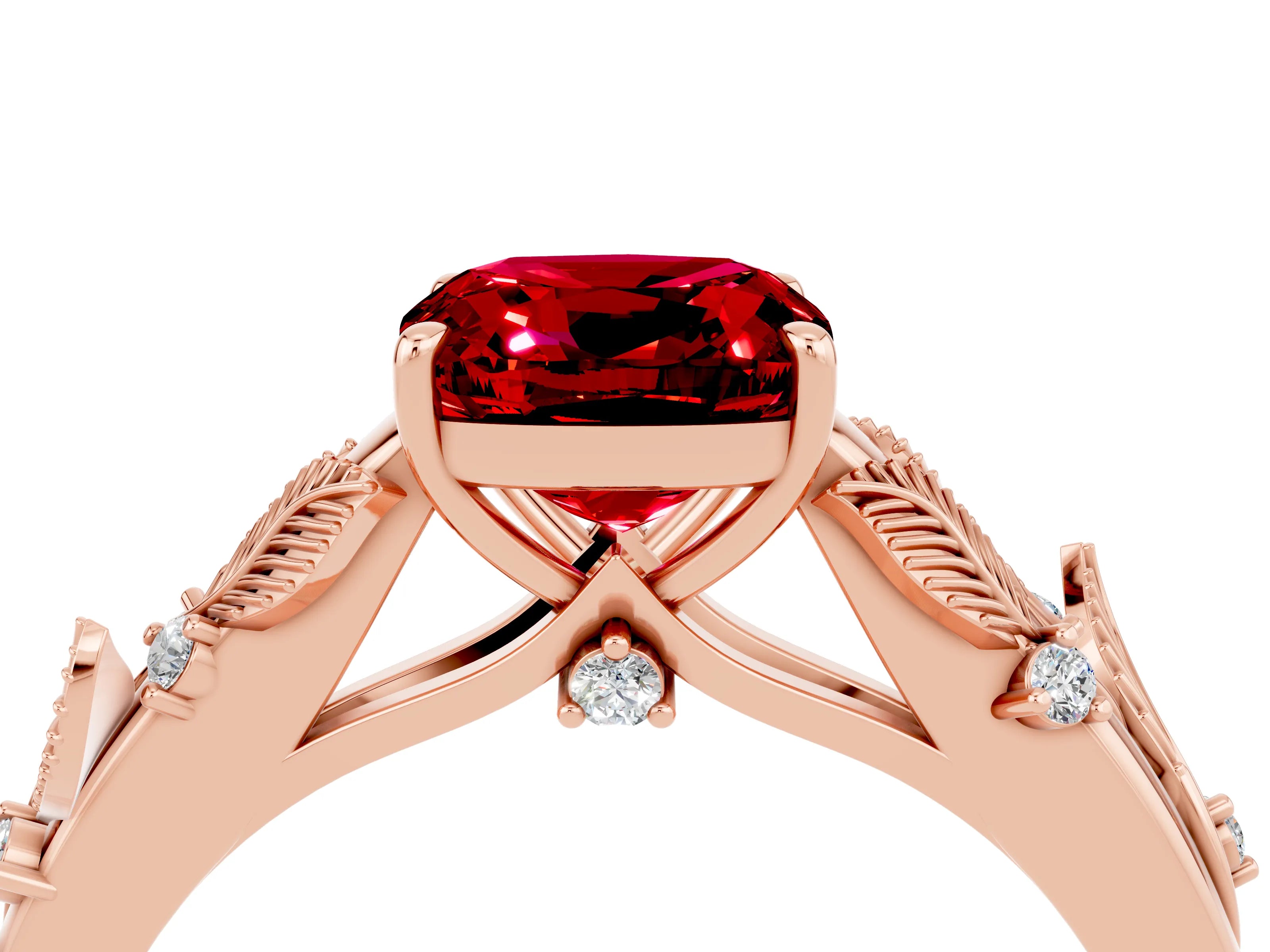 Rose gold Cushion Cut Ruby Solitaire Ring with Leaf Motif Band and Four-Prong Setting_4
