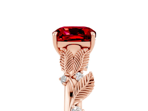 Rose gold Cushion Cut Ruby Solitaire Ring with Leaf Motif Band and Four-Prong Setting_5