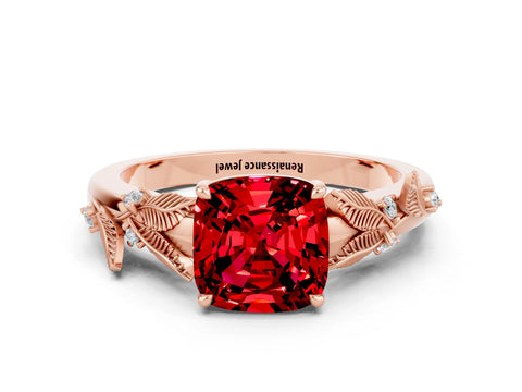 Rose gold Cushion Cut Ruby Solitaire Ring with Leaf Motif Band and Four-Prong Setting