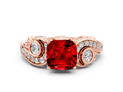 Rose gold Cushion Cut Ruby Solitaire Ring with Milgrain Pavé Band and Four-Prong Setting_24