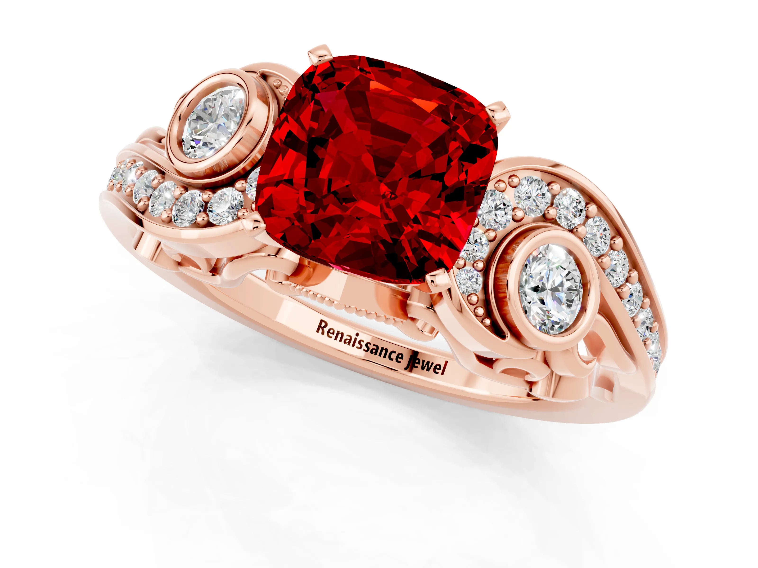 Rose gold Cushion Cut Ruby Solitaire Ring with Milgrain Pavé Band and Four-Prong Setting_25
