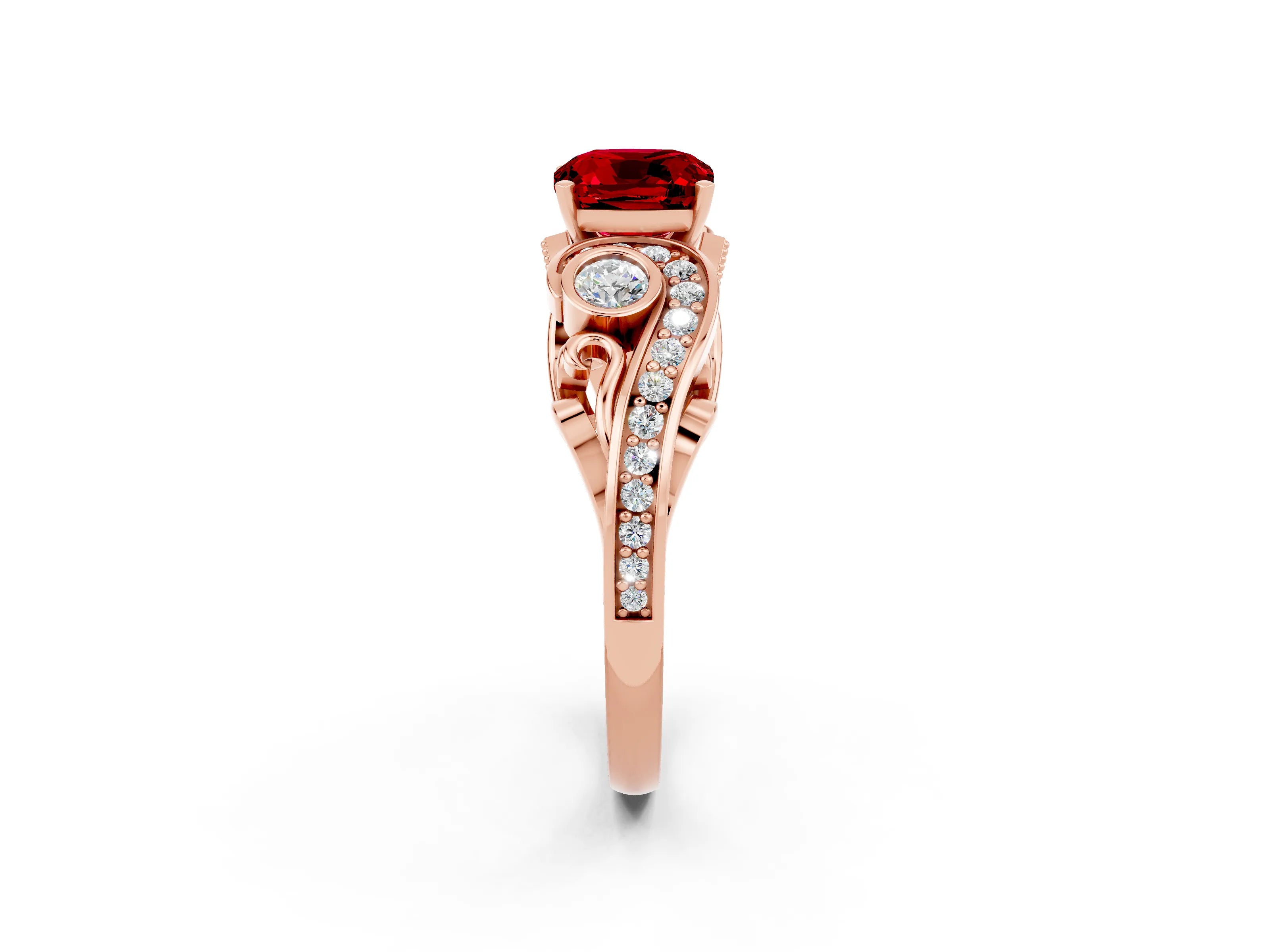 Rose gold Cushion Cut Ruby Solitaire Ring with Milgrain Pavé Band and Four-Prong Setting_26
