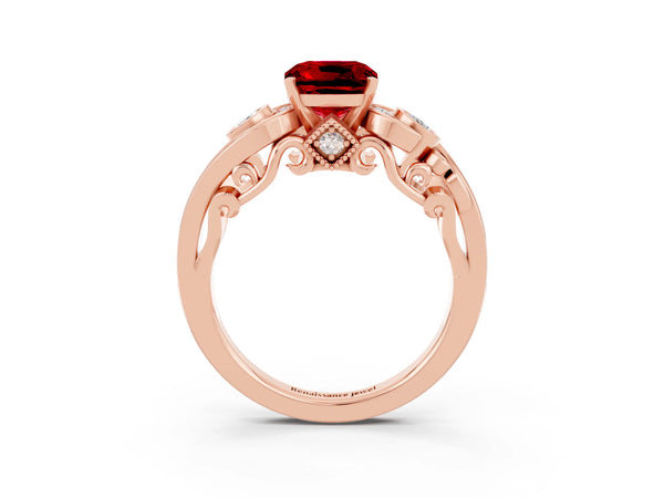 Rose gold Cushion Cut Ruby Solitaire Ring with Milgrain Pavé Band and Four-Prong Setting