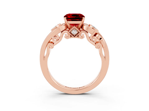 Rose gold Cushion Cut Ruby Solitaire Ring with Milgrain Pavé Band and Four-Prong Setting_27