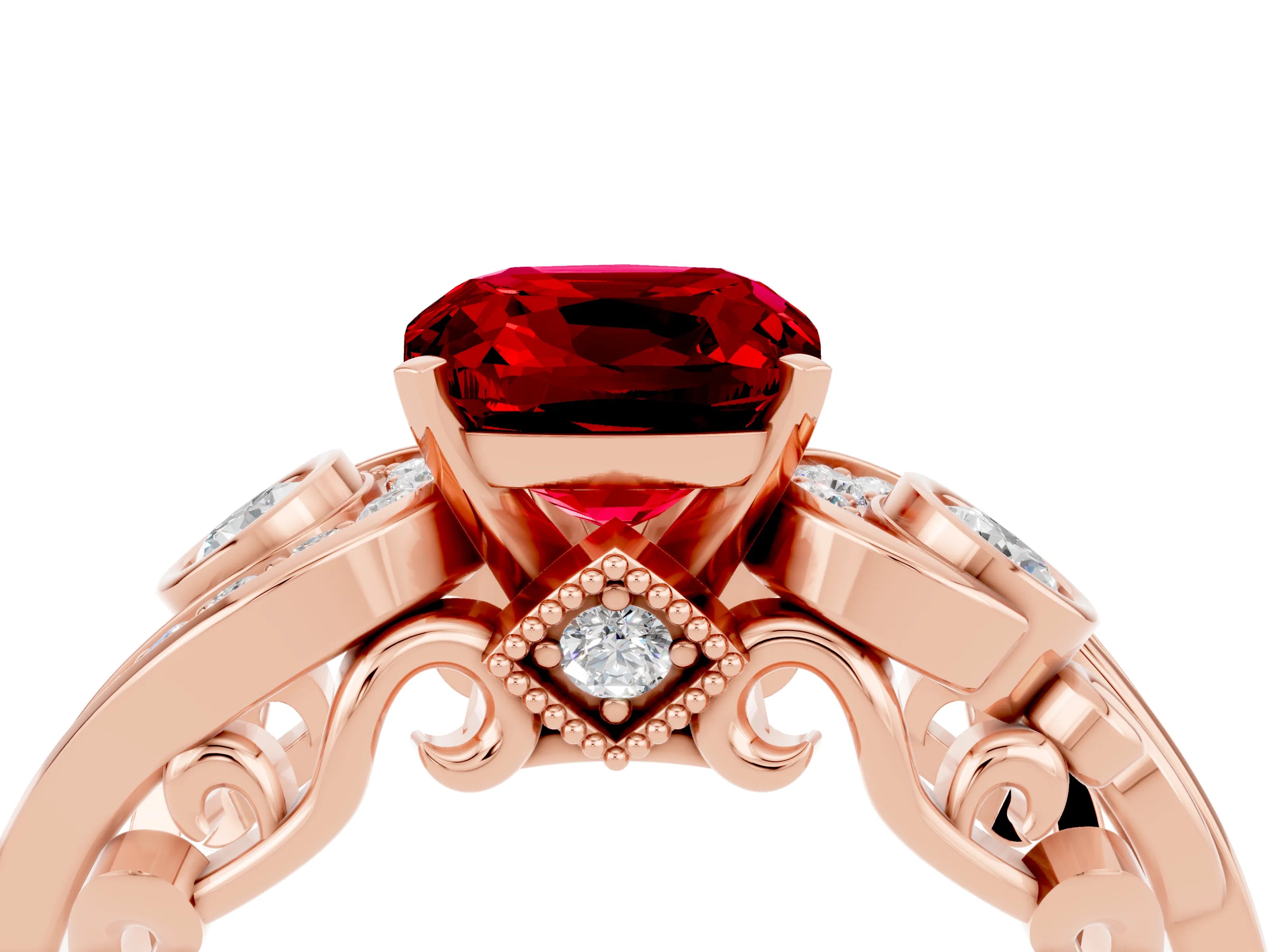 Rose gold Cushion Cut Ruby Solitaire Ring with Milgrain Pavé Band and Four-Prong Setting_28