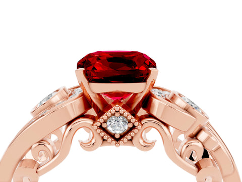 Rose gold Cushion Cut Ruby Solitaire Ring with Milgrain Pavé Band and Four-Prong Setting_28