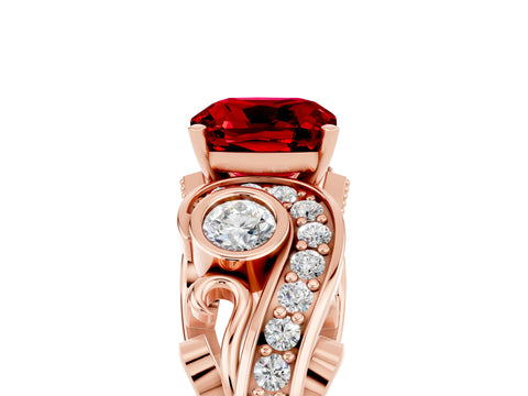 Rose gold Cushion Cut Ruby Solitaire Ring with Milgrain Pavé Band and Four-Prong Setting_29