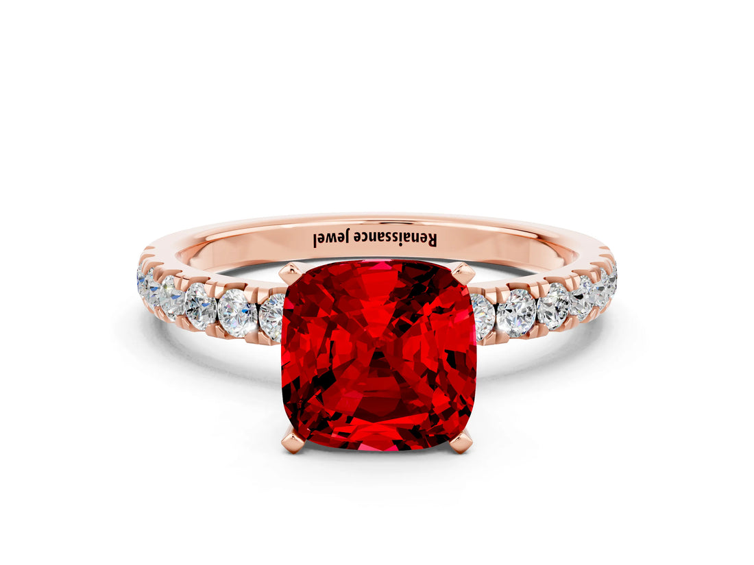 Rose gold Cushion Cut Ruby Solitaire Ring with Pavé Accents and Four-Prong Setting