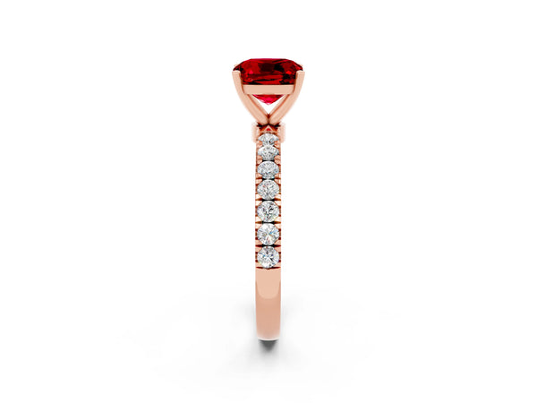 Rose gold Cushion Cut Ruby Solitaire Ring with Pavé Accents and Four-Prong Setting