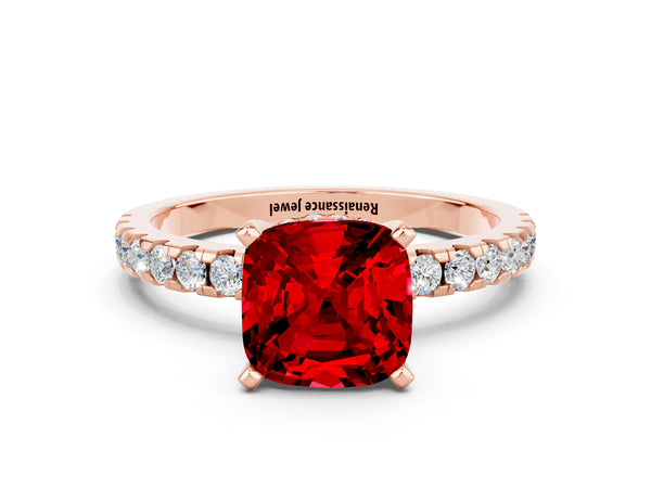 Rose gold Cushion Cut Ruby Solitaire Ring with Round  Pavé Band and Four-Prong Setting
