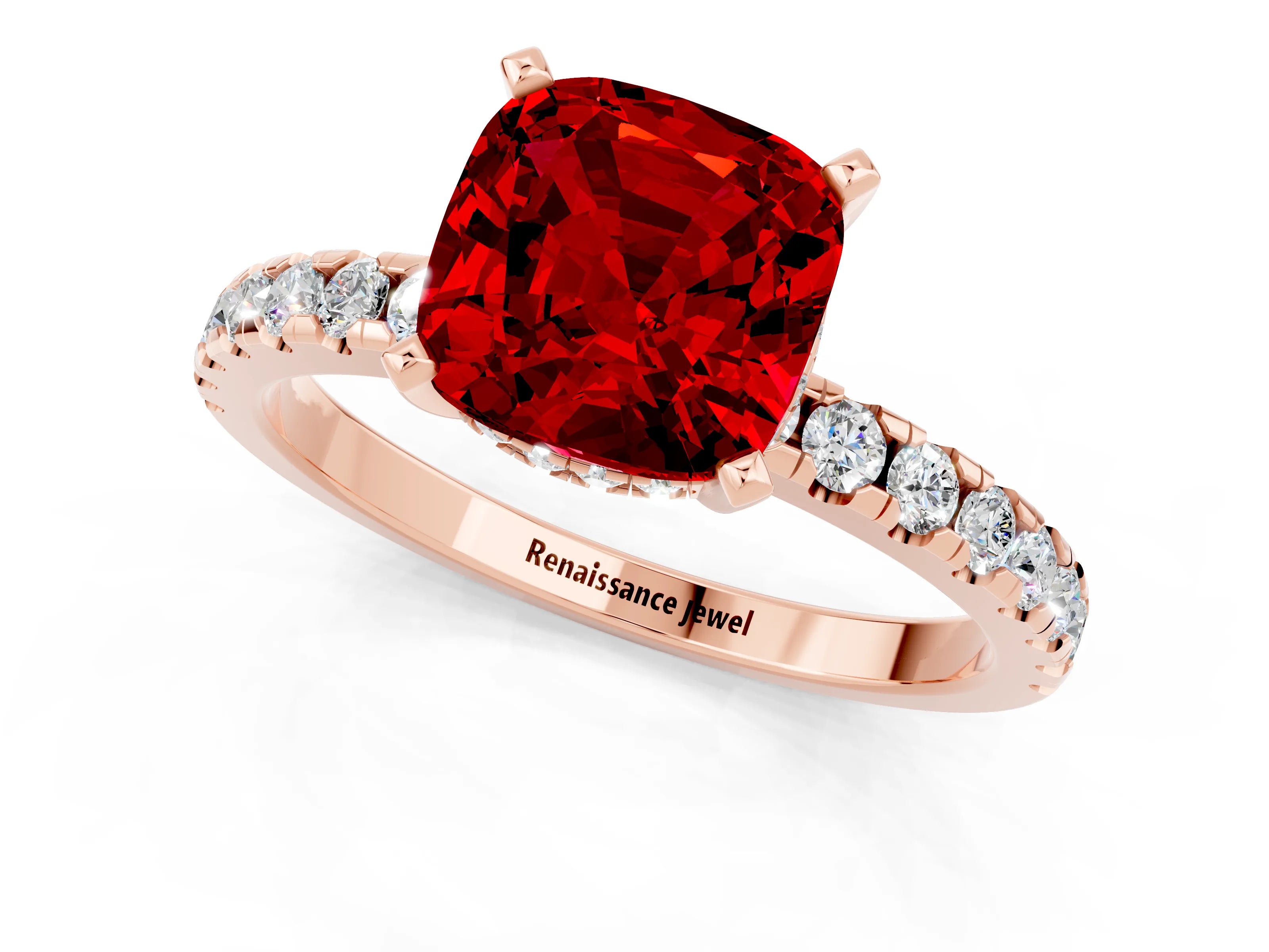 Rose gold Cushion Cut Ruby Solitaire Ring with Pavé Band and Four-Prong Setting_25