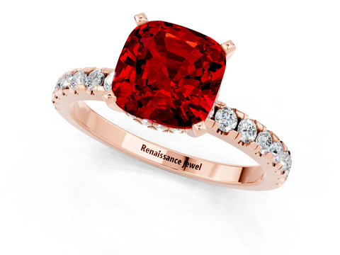 Rose gold Cushion Cut Ruby Solitaire Ring with Pavé Band and Four-Prong Setting_25