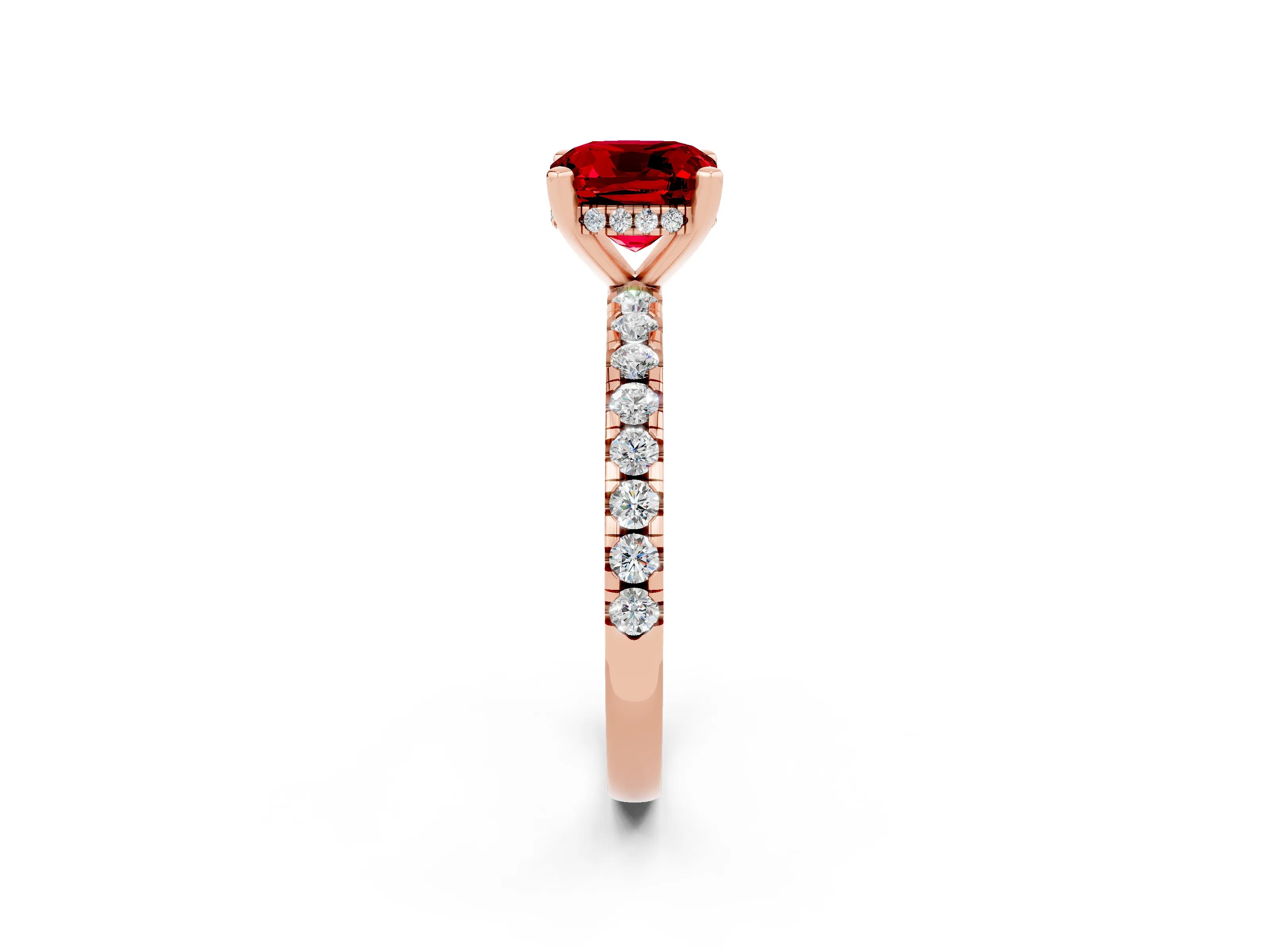 Rose gold Cushion Cut Ruby Solitaire Ring with Pavé Band and Four-Prong Setting_26